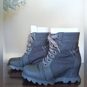 Sorel-Joan Of Arc Wedge III-Black Women's Lace-Up Wedge Ankle Boots